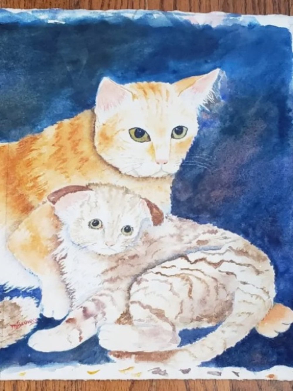 Original Watercolor Cat Kitten Feline M Bevarly Cotton Paper Unframed 10.5 x 9"